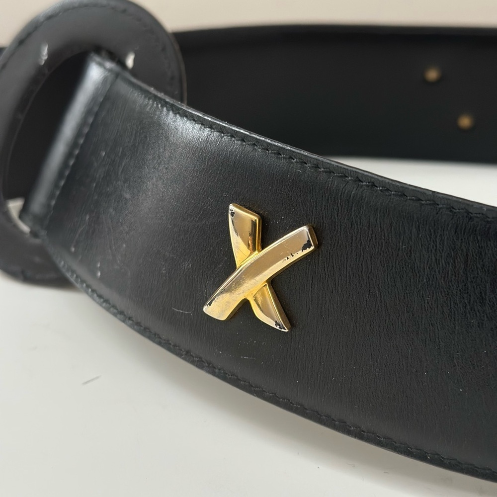 Vintage Paloma Picasso Black Leather Wide Waist Belt Gold Tone X Hardware Size S - Picture 10 of 11